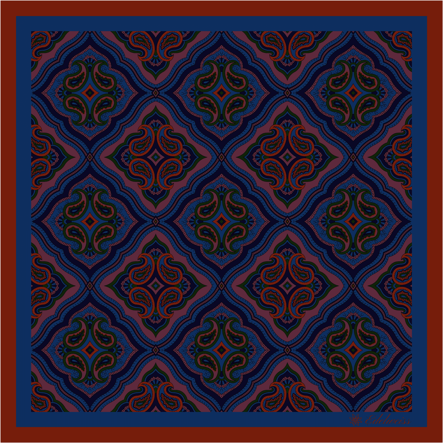 Pañuelo de Seda Ancient Madder Reversible Burdeos y Azul en Paisley y Estampado Geométrico