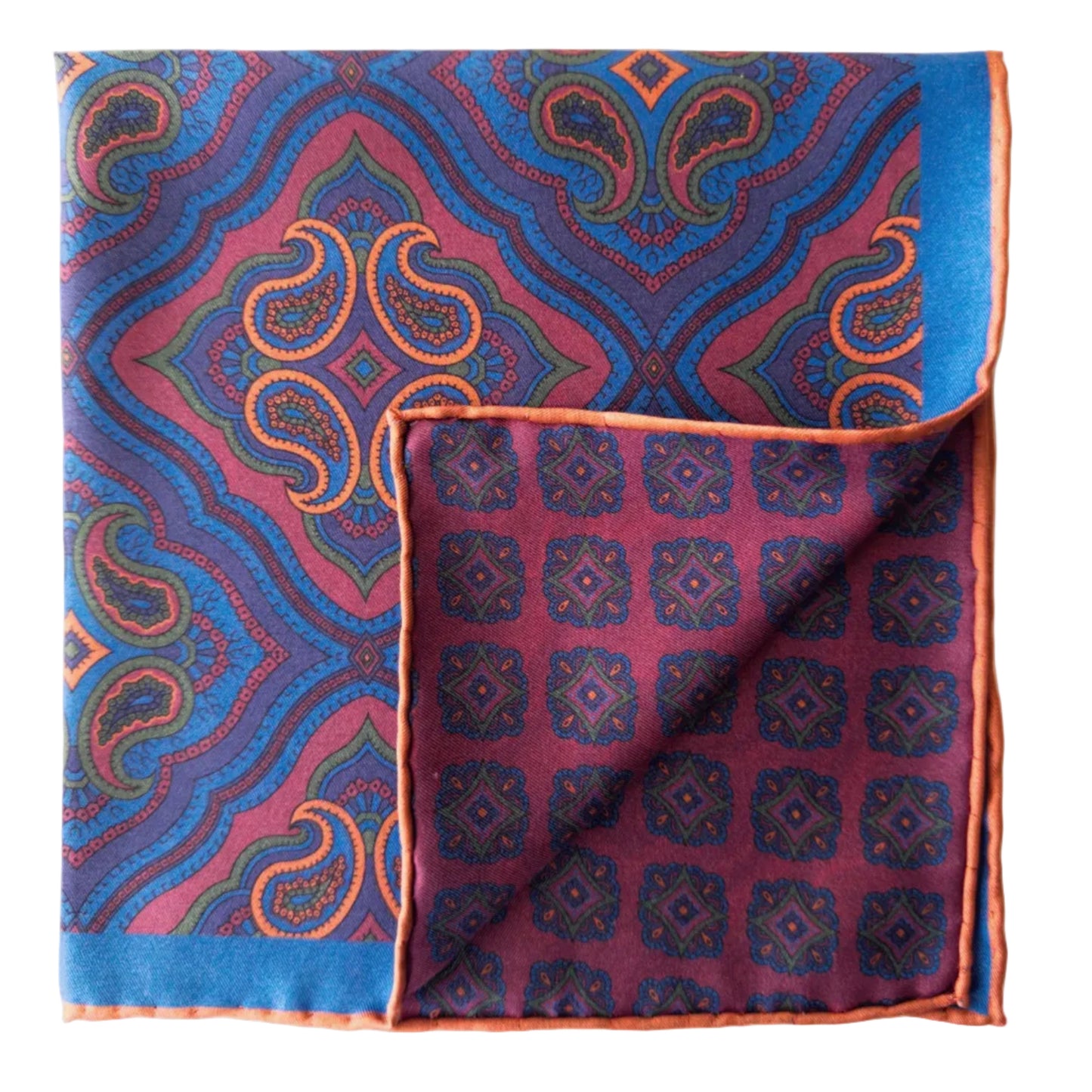 Pañuelo de Seda Ancient Madder – Reversible Medallón Borgoña y Azul