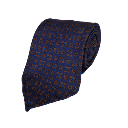Corbata de Seda Ancient Madder Azul Marino con Micropatrón Floral Geométrico