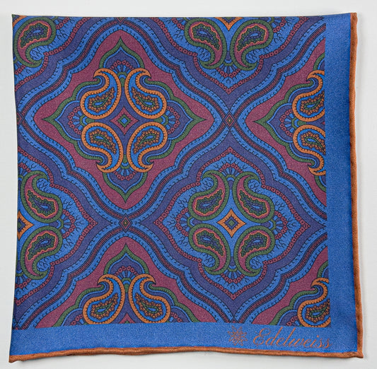 Pañuelo de Seda Ancient Madder Reversible Burdeos y Azul en Paisley  y Estampado Geométrico