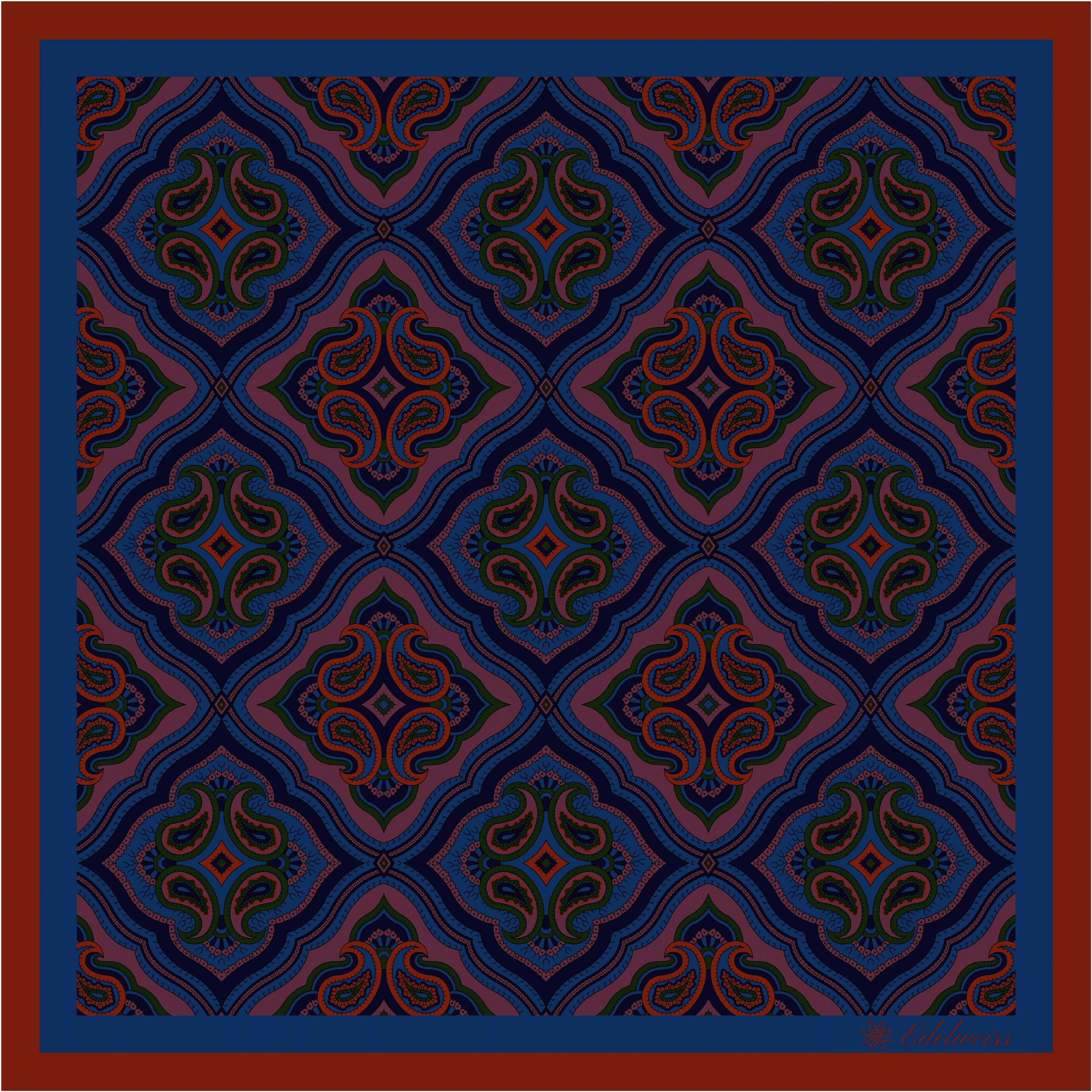 Pañuelo de Seda Ancient Madder Reversible Burdeos y Azul en Paisley  y Estampado Geométrico