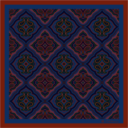 Pañuelo de Seda Ancient Madder Reversible Burdeos y Azul en Paisley  y Estampado Geométrico